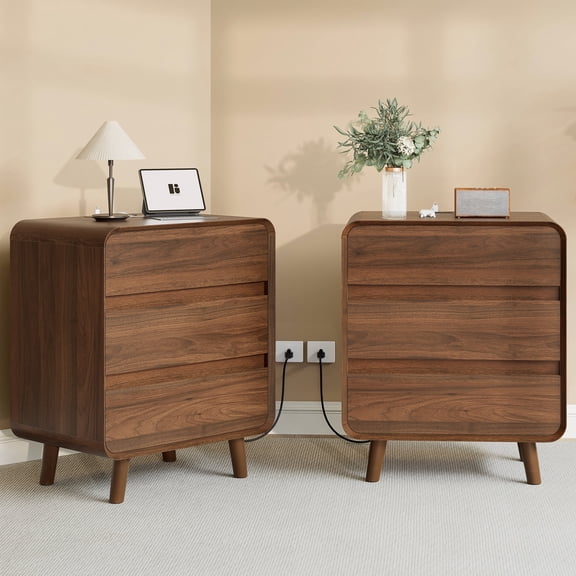 Nightstand Set of 2, Bed Side Table Set of 2 with Charging Station, Wood Nightstand with 3 Drawers, Bedroom Nightstand, Walnut