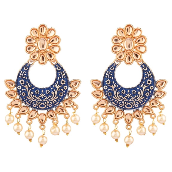 Efulgenz Indian Jewelry Antique Faux Pearl Beads Chandbali Dangle Bollywood Earrings Set for Women, Blue