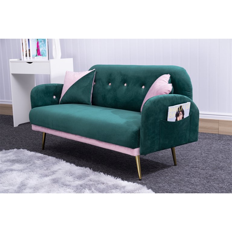 Velvet Loveseats Sofa with 2 Pillows, 58 Sofa Couch with Metal Legs and  Side Storage Pockets, Comfortable Upholstered Living Room Sofa for Small