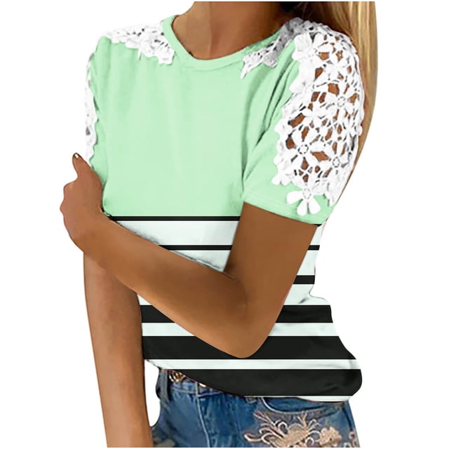 Camisas de Manga Corta para las Mujeres Impresión Cuello Redondo Suéter Encaje Camisa, Blusa de Verano Casual para las Mujeres