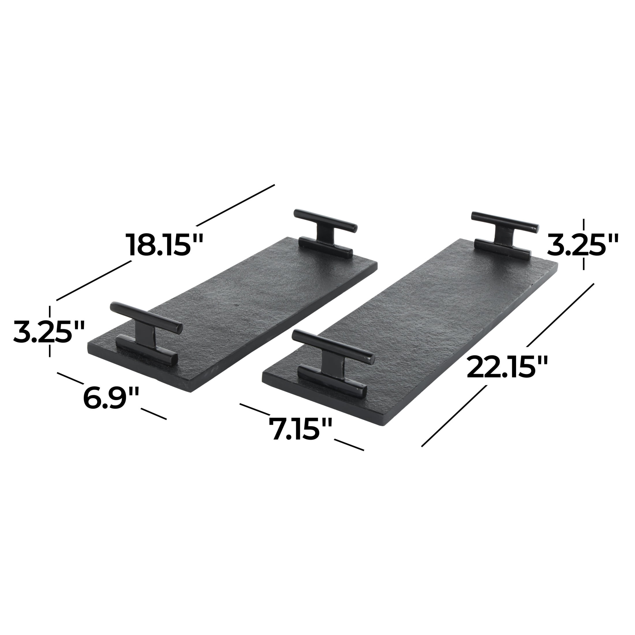 DecMode 22", 18"W Black Marble Textured Tray with Black Handles, 2-Pieces