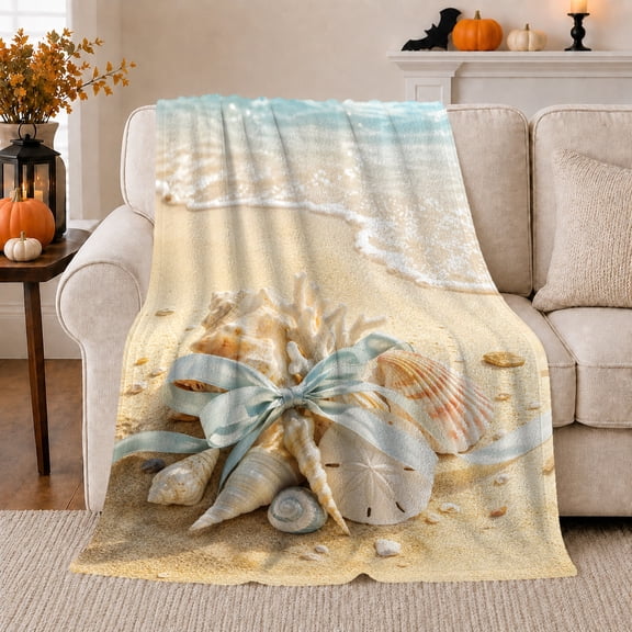 Calm Seashell Collection Beach Coastal Art, Cozy Friendship Quote Scene, Warm Flannel Blanket for Living Room and Reading Nook, Art Lovers Friendship Gift, Artistic Home Decor