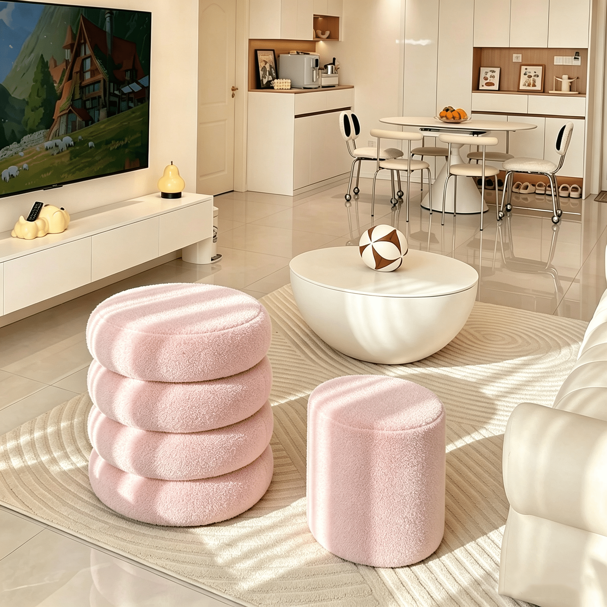 Round Ottoman 16.5 Inch, Storage Stool with Removable Lid for Living Room and Bedroom, Set of 2 Vanity Stools and Foot Rest, Pink