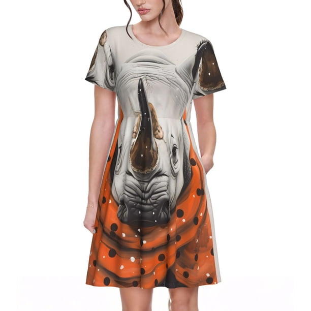 Balery Polka Dot Rhino Welcome Vestidos sueltos de manga corta para mujer, vestidos de verano 2025, vestidos casuales de corte A con vuelo.