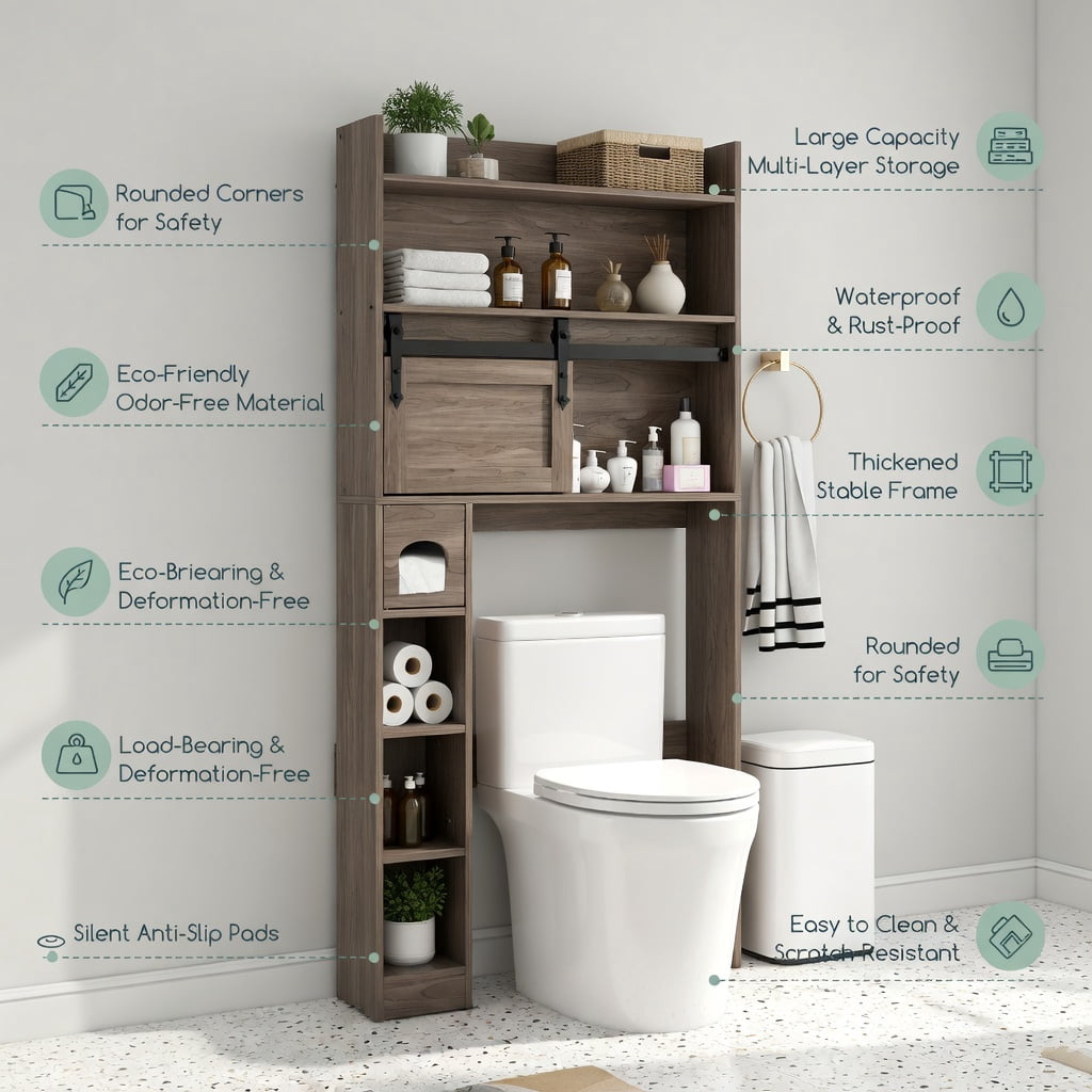 Hommoo Over-the-Toilet Storage Cabinet with Sliding Barn Door, Adjustable Shelves & Toilet Paper Holder, Gray