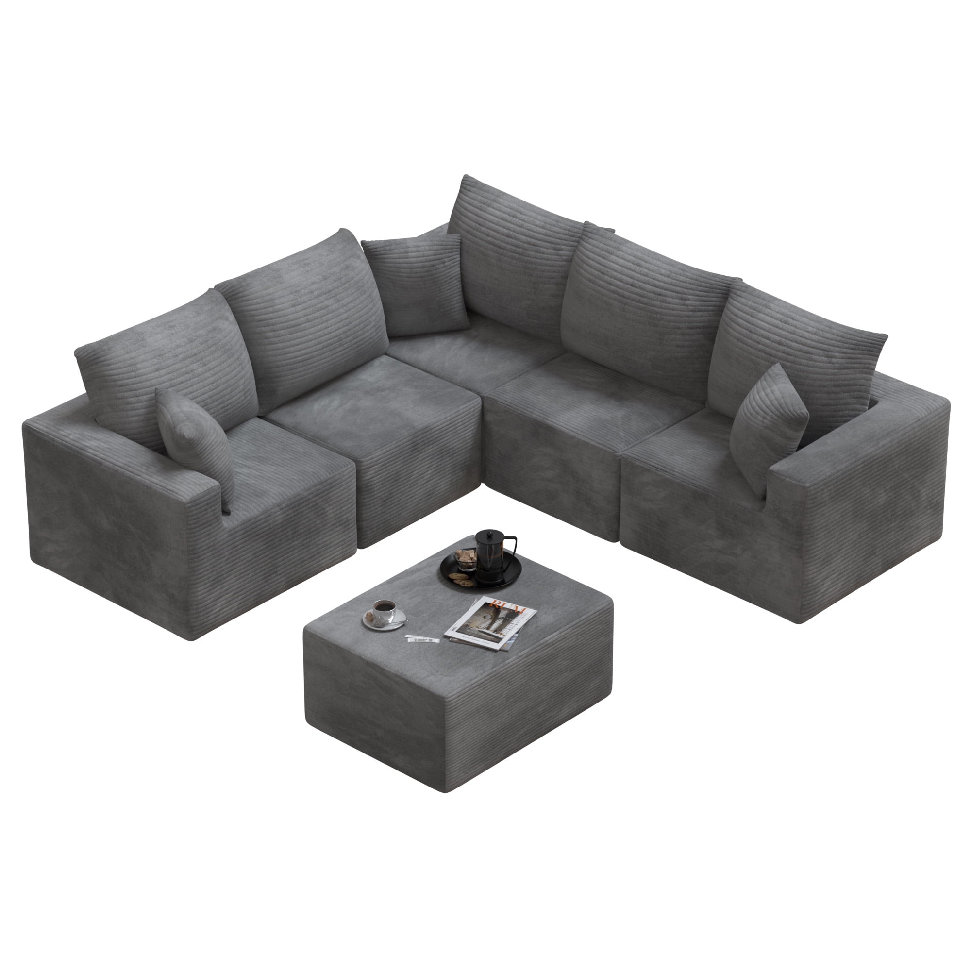 Homall V Shaped Corner Modern Sofa Sectional Cloud Couch with Deep Seat No Assembly Required Corduroy Fabric Couches for Living Room and Apartment,Gray