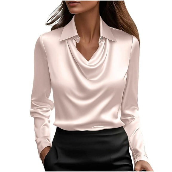 CLOISE Blouses for Women Dressy Long Sleeve Shirt with Collar Solid Tops Slim Satin Lightweight Elegant Work Clothes