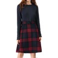 thumbnail image 3 of Allegra K Women's Round Neck Swing Belted Plaids Color Block Dress, 3 of 8