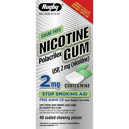 5 Pack Rugby Sugar-Free Nicotine Gum, 2mg, Coated Mint - 40 Chewing Pieces
