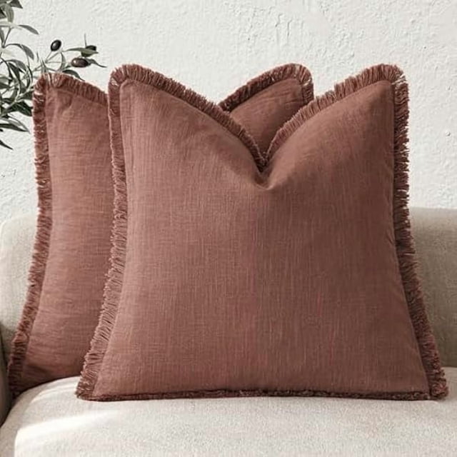 Chenchen Set of 2 Decorative Linen Fringe Throw Pillow Covers Boho Farmhouse Cushion Cover with Tassels Accent Pillowcase for Couch Chair Sofa Bed Living Room Home Decor,16×16 Inch,Rust Red