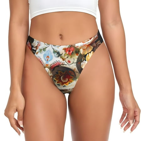 Kdxio Rose Floral Skull Pattern Seamless Thongs for Women No Show Thong V-waisted Stretch Breathable Sexy Panties Underwear-3X-Large