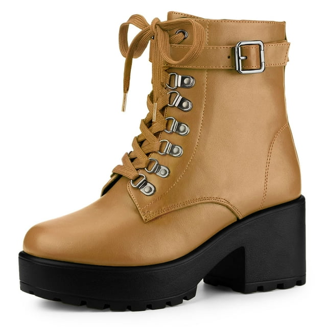 Unique Bargains Women's Chunky Heel Platform Ankle Combat Boots