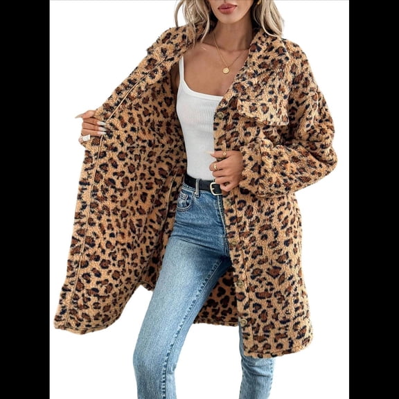 Women Faux Fur Long Jacket Fleece Leopard Printed Button Down Coats Lapel Flannel Winter Fall Outwear Dark Brown M