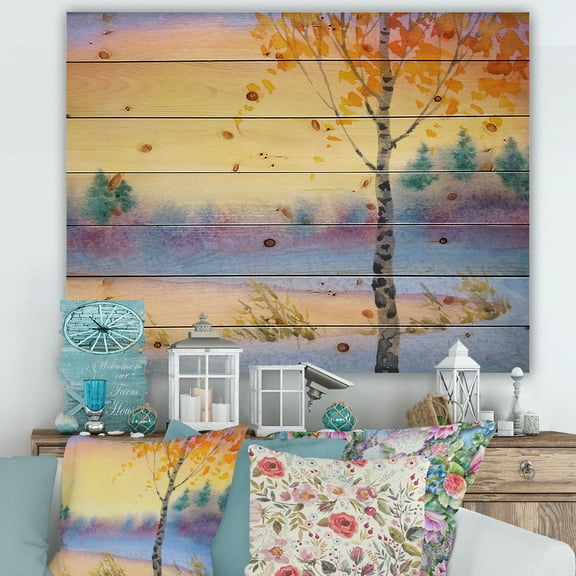 Designart 'Evening Sky Over Lake Winter Landscape' Traditional Print on Natural Pine Wood