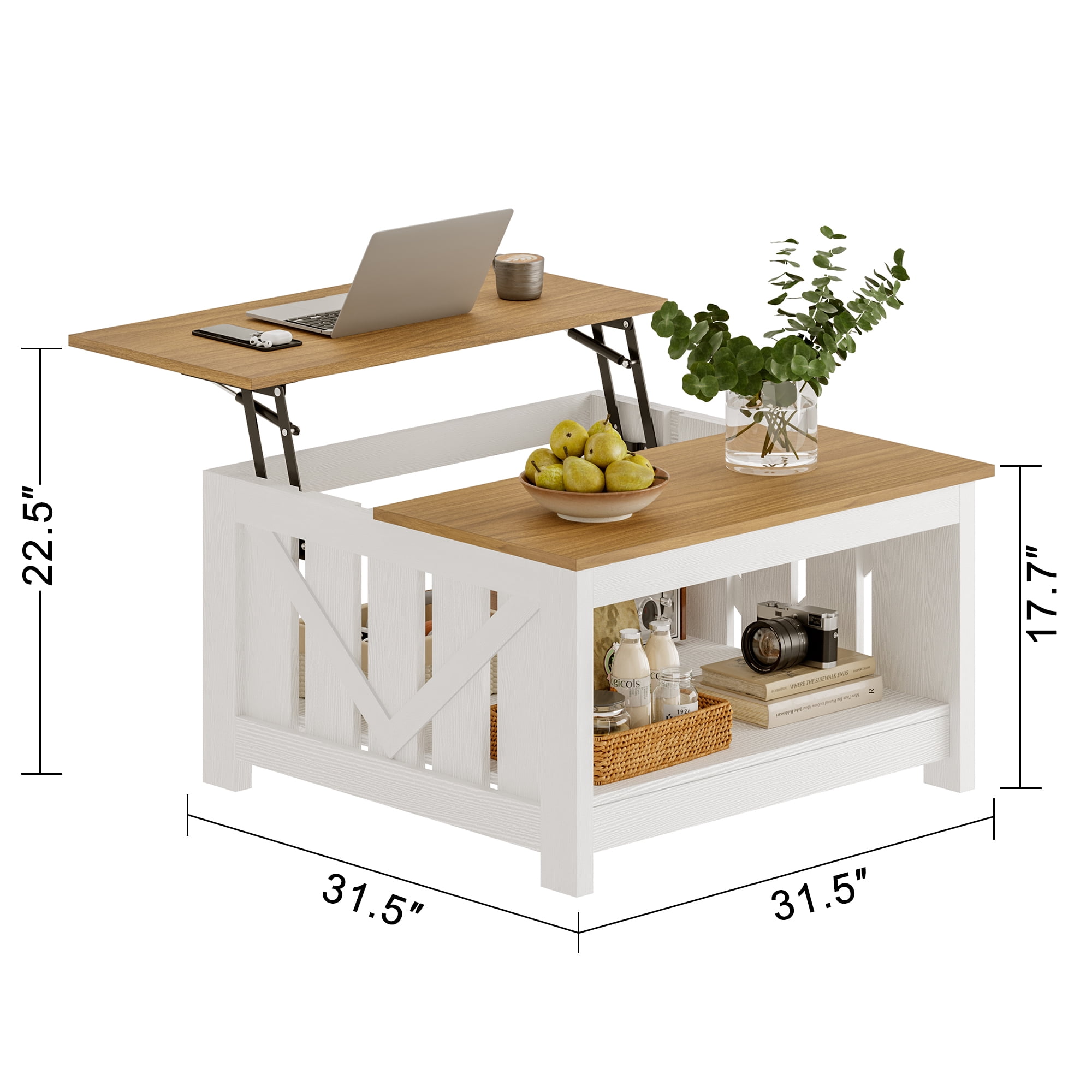 GUNAITO Lift Top Coffee Table with Storage Cabinet and 2 Compartments for Living Room, White, 31.5''Hx31.5''W in
