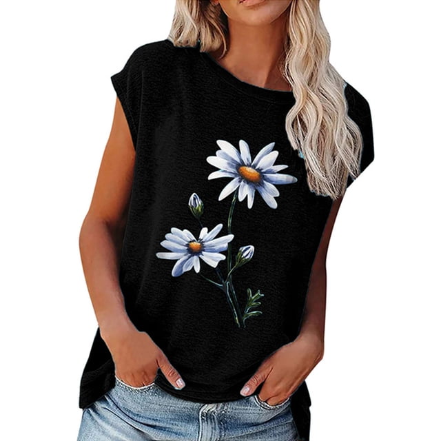 Blusa de manga corta Top Cuello redondo Blusa de manga corta con estampado floral para mujer Citas Negro M