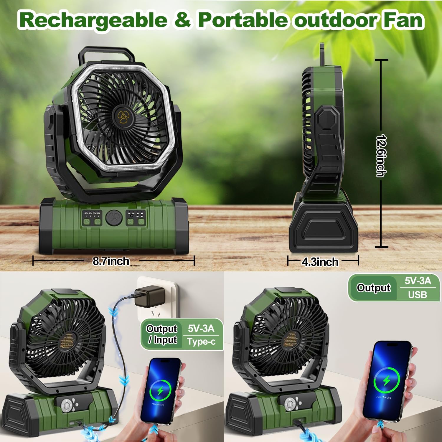 Camping Fan Rechargeable, F6 20000mAh Portable Outdoor Fan with LED Lantern, Cordless Battery Powered Operated , 360 °   Hanging Hook , 4 Speeds Desk Fan for Travel , Tent , Fishing , Beach (Green)