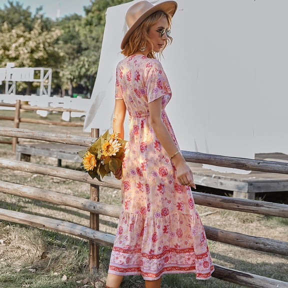 Summer Dresses for Women Maxi Dress V-Neck Floral Dress Casual Holiday Midi Dress