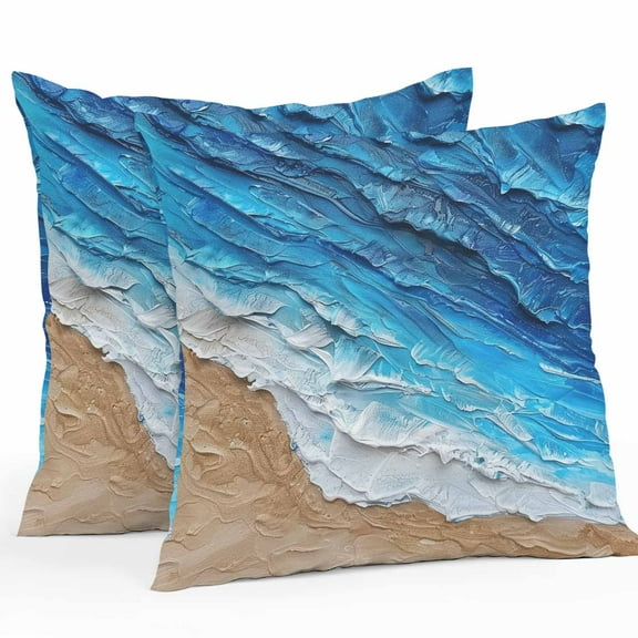 Boanket Outdoor Pillow Covers 18 x 18 Inches, Blue Coastal Beach Waterproof Throw Pillow Cover Set of 2, Summer Nautical Oil Painting Decorative Square Cushion Covers for Patio/Tent/Couch/Garden