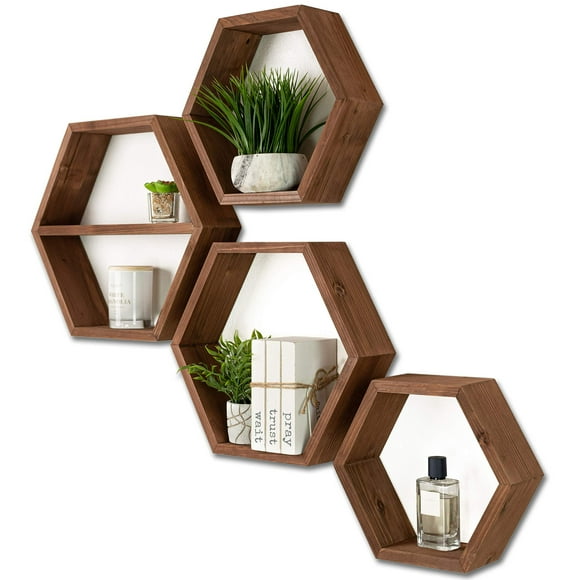 Extra Large Hexagon Floating Shelves - Set of 4 - Honeycomb Shelves Octagon Shelves Wall Hanging Shelves Honeycomb Decor - Wooden Honey Comb Hexagon Shelf for Wall - Geometric Hexagonal Wood (Brown)