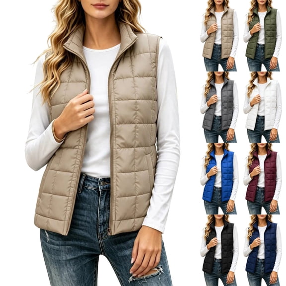 TARIENDY Puffer Vest Women Zip Up Quilted Warm Winter Jacket Lightweight Sleeveless Stand Collar Fall Padded Layering Outerwear Vests Khaki L