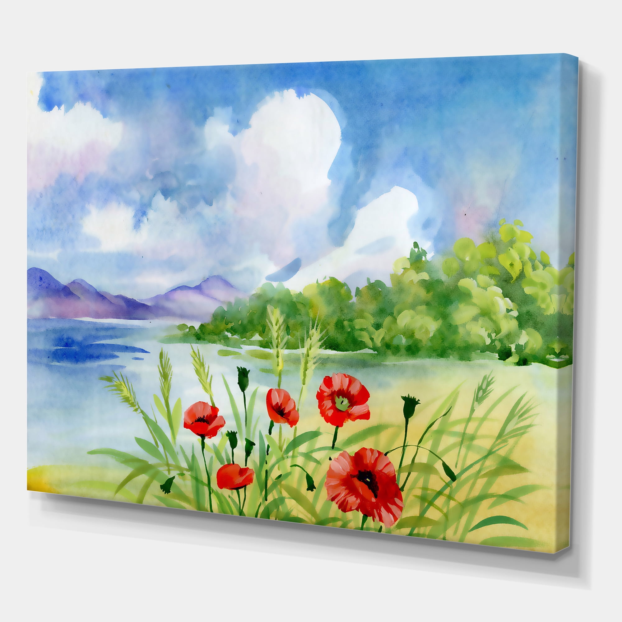 Designart ' Red Tulips On The Bank Near A River Mountain ' Lake House Canvas Wall Art Print