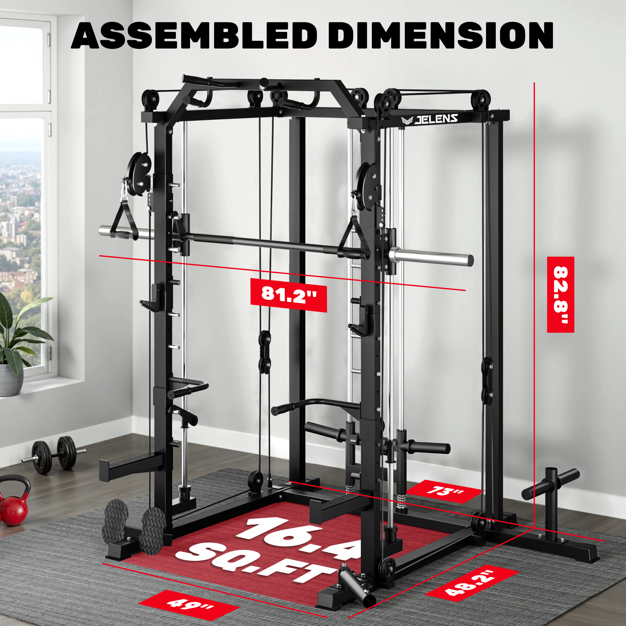 JELENS Smith Machine, 2000LBS M11 Multi-Function Squat Rack Power Cage with Cable Crossover System and Smith Bar, All-in-One LAT Pull-Down Machine for Home Gym
