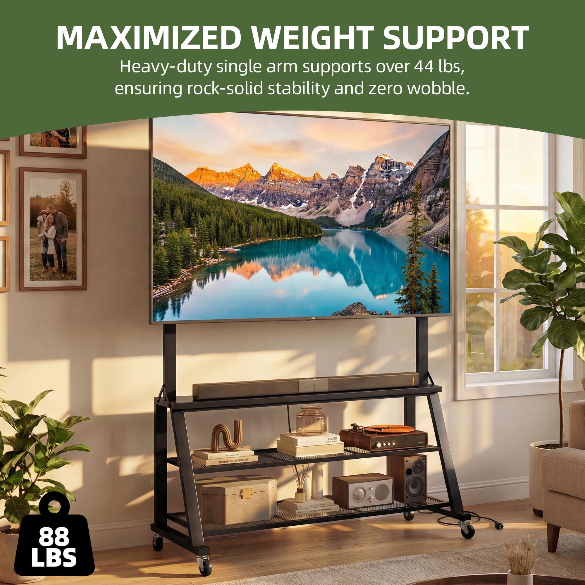 Uforic 46"W Rolling TV Stand with Lockable Wheels & Power Outlets, Mobile Cart for 32-75 Inch TVs, Black Oak