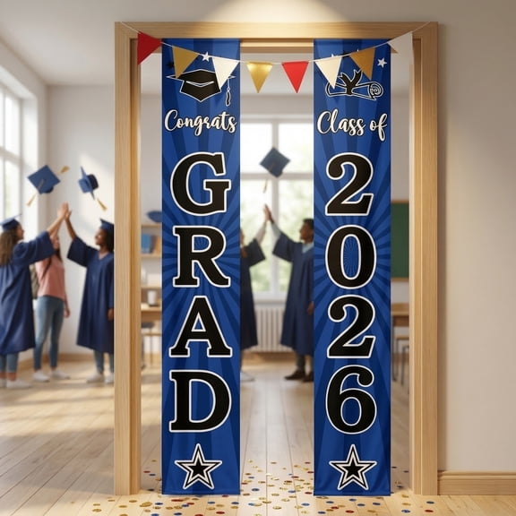 2Pcs 2026 Graduation Party Decorations - Congrats Grad Banner Class of 2026 Congrats GRAD Porch Sign Banner for High School and College Graduation Decorations, 12"x71" (2Pcs_Black)