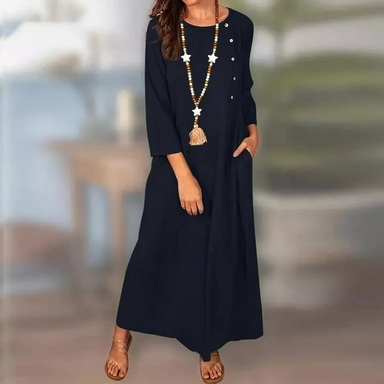 Summer Casual Dresses for Women Cotton Linen Tall Dress 3/4 Sleeve Loose  ted Lightweight Long Dress with Pockets - Walmart.com