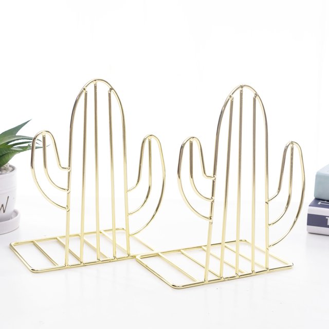 Geometric Metal Iron Cactus Bookends - Heavy Duty Nonskid Book Stand Organizer for Shelves & Binders