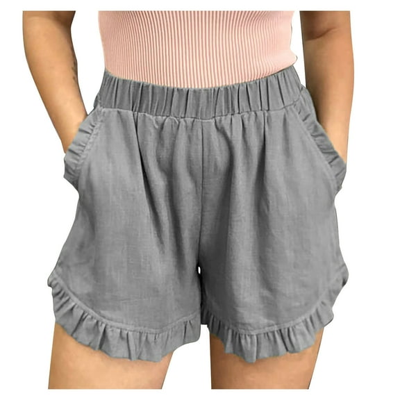 Charella Linen Shorts for Women Ruffle Wid Leg Elastic Waist Casual Solid Color Short Pants with Pockets (XL, Gray)