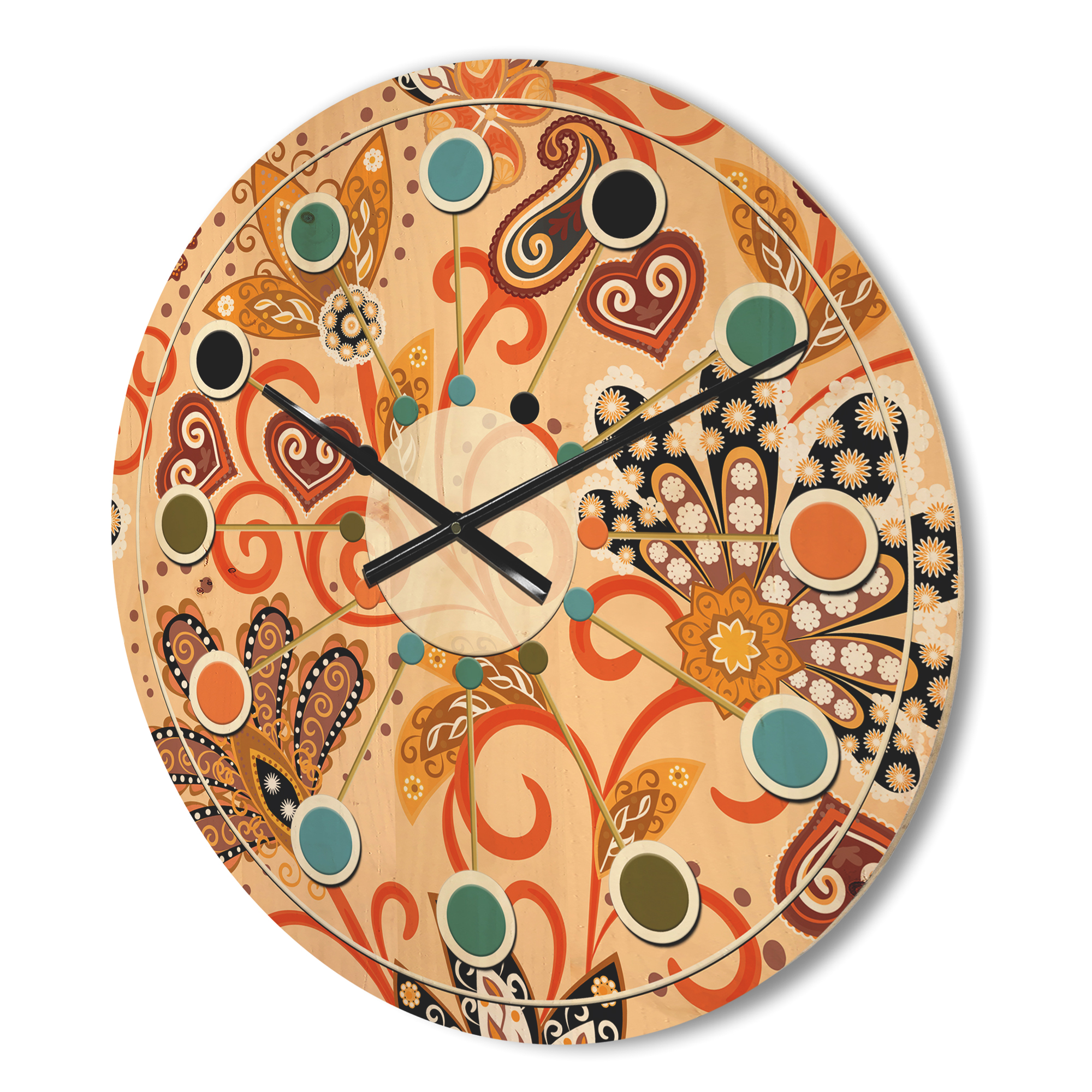 Designart 'Indian Floral Batik Retro II' Mid-Century Modern Wood Wall Clock