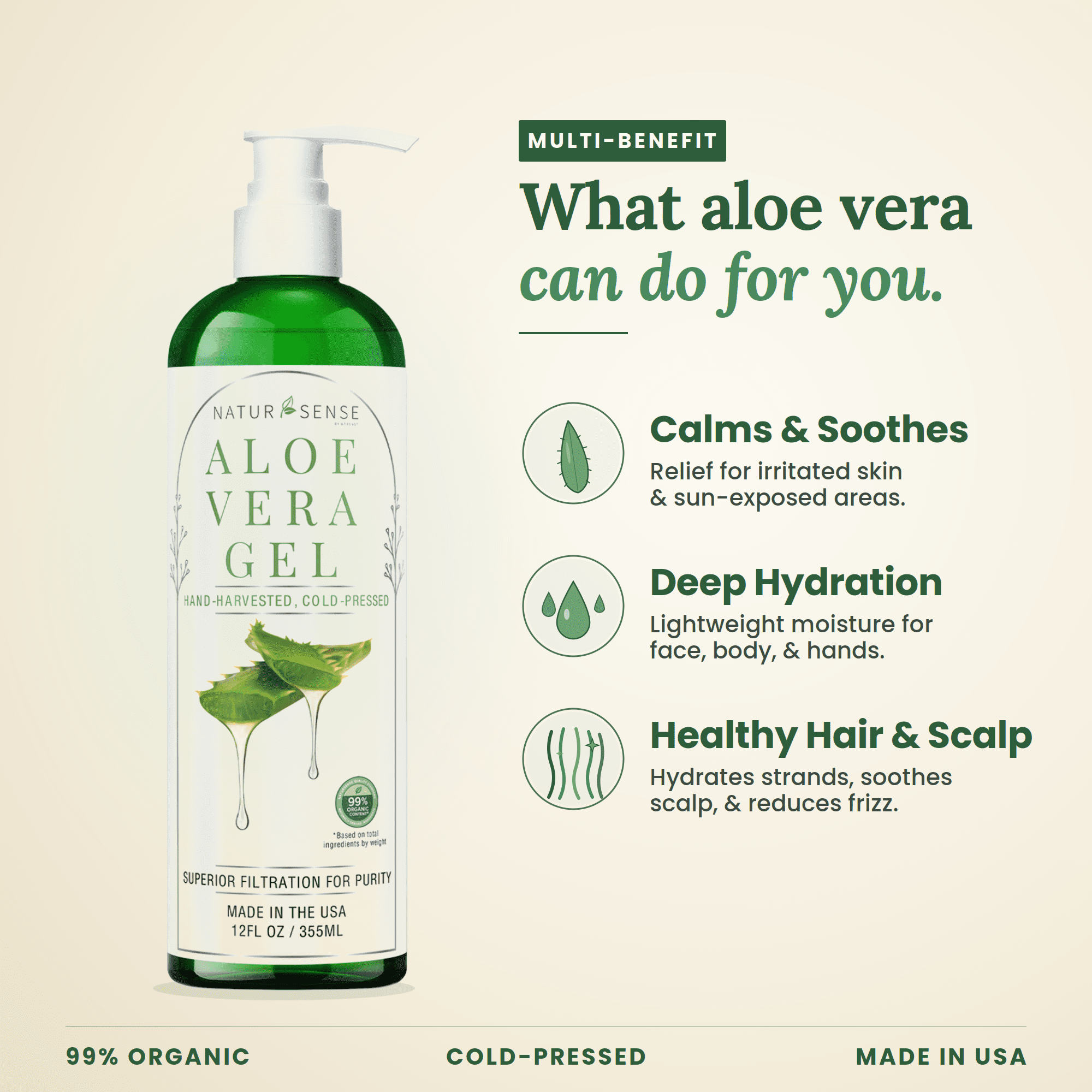 NTRSNS Organic Aloe Vera Gel, USDA Certified, Face, Hair, Sunburn