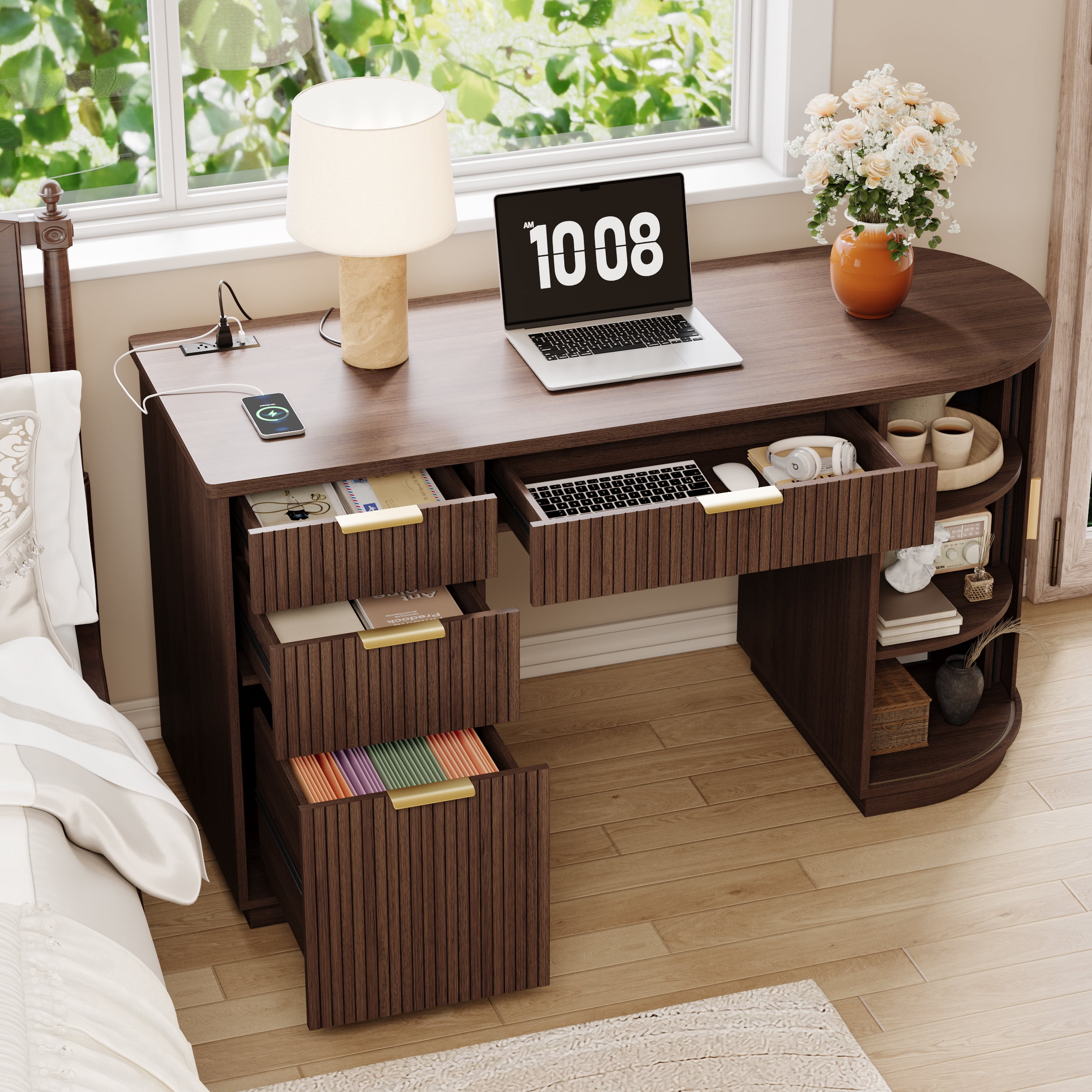 55 Inch Fluted Executive Desk, Mid Century Modern Home Office Desk with Drawers and Charging Station, Wood Computer Desk with File Drawer & Storage Cabinet, Walnut