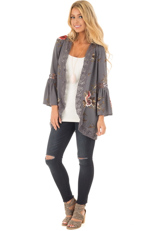 Softmallow Women's Tops Floral Loose Bell Sleeve Kimono Cardigan Lace  Patchwork Cover Up Blouse Top Gray S - Walmart.com