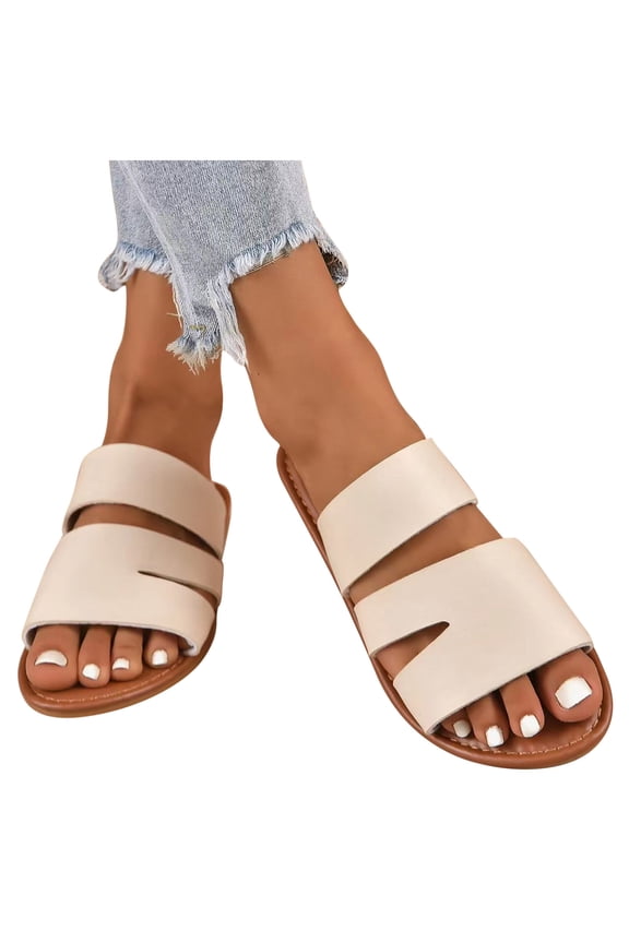 Women's Flat Sandals Comfortable Slip On Leather Two Strap Slide Sandals Soft Dressy Leather Slippers for Summer