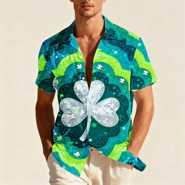 Blusa y camisa hawaiana de manga corta con cuello vuelto para hombre, camisa unisex de verano para playa, informal, de manga corta, con botones, ropa estampada para el Día de San Patricio, blusa para