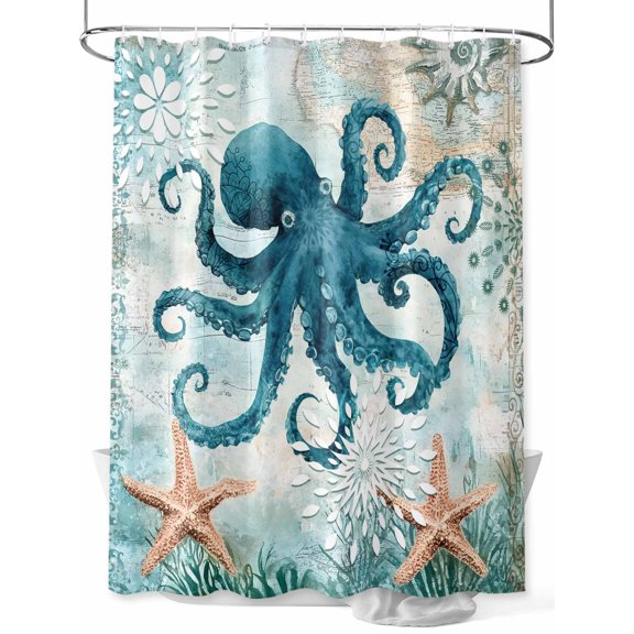 Shower Curtain Octopus Shower Curtains for Bathroom, Waterproof Polyester Shower Curtain Set with Hooks, Stall Long Size 54"x78" Teal Starfish Marine Life