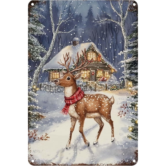 Metal Sign Deer Winter Metal Tin Sign Vintage Signs Retro for Winter Wreath Home Yard Garden Bar Cafe Decor 8x12 Inch