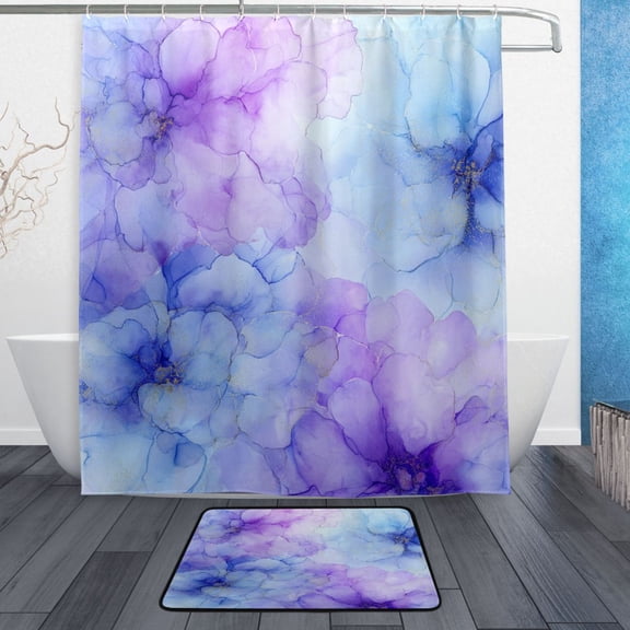 TTYFWHD 60" x 72" Shower Curtain and Bath Mat Set Translucent Floral Ink Design Waterproof Bathroom Curtain with 12 Hooks, Bathroom Decor Set