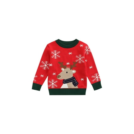 

Calsunbaby Kids Christmas Sweater Snowflake Deer Print Round Neck Long Sleeve Knitwear Pullover for Fall Winter