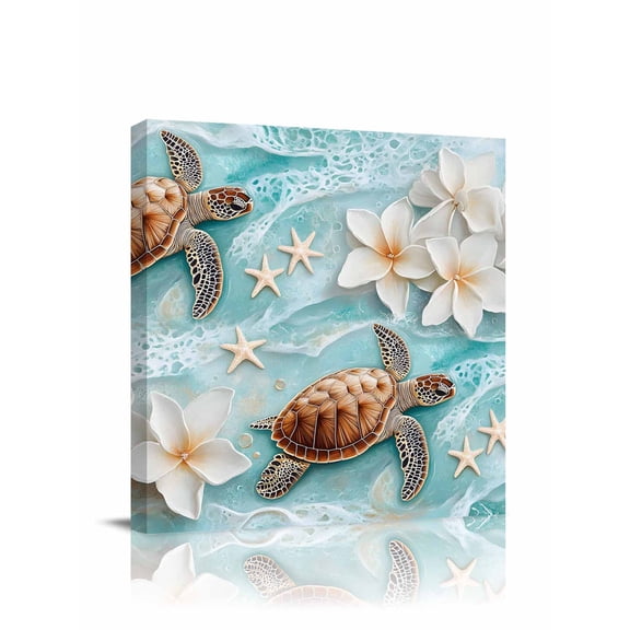 Coastal Sea Turtle Canvas Wall Art, Beach Ocean White Floral Starfish Framed Wall Decor Modern Artwork Prints Painting for Living Room, Bedroom, Kitchen & Cafe Decor 24x24 Inch