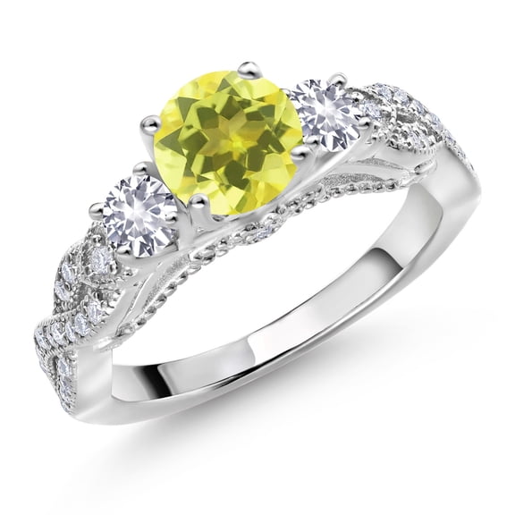Gem Stone King 925 Sterling Silver Canary Mystic Topaz White Created Sapphire and White Moissanite Engagement Ring for Women (1.53 Cttw, Gemstone, Round 6MM and 3MM, Size 6)