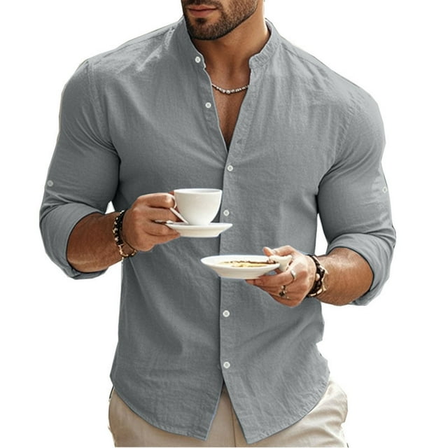 pstuiky camisas de manga larga para hombre, Camisas casuales de lino a la moda para hombre, de color liso, con botones y cuello alto, de manga larga camisetas de hombre s