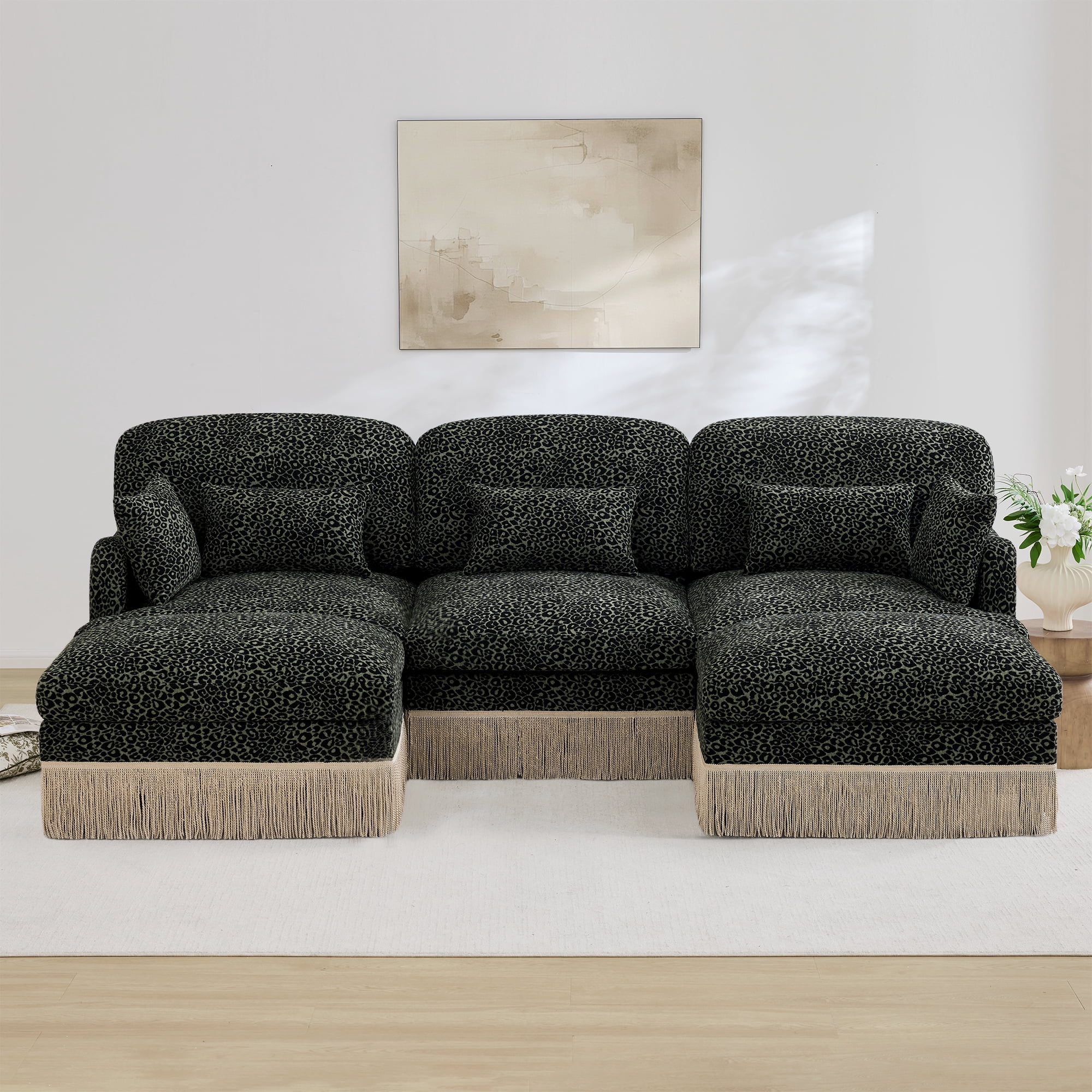 100" Chenille Leopard Tassel Deep Seat U Shape 3 Seater Modular Sofa Couch with 5 Throw Pillows and 2 Ottoman