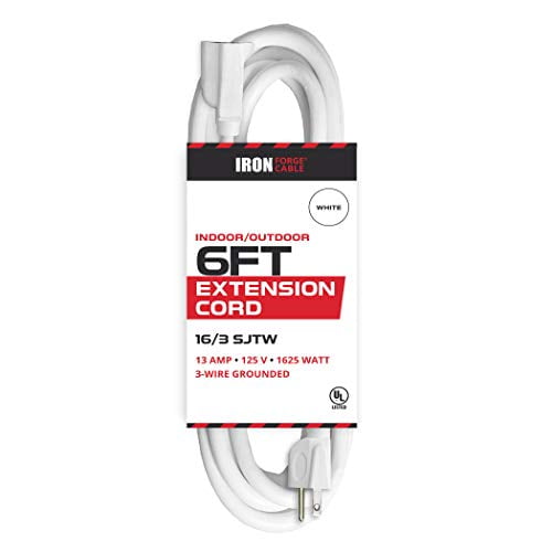 6 Ft White Extension Cord 16/3 Durable Electrical Cable