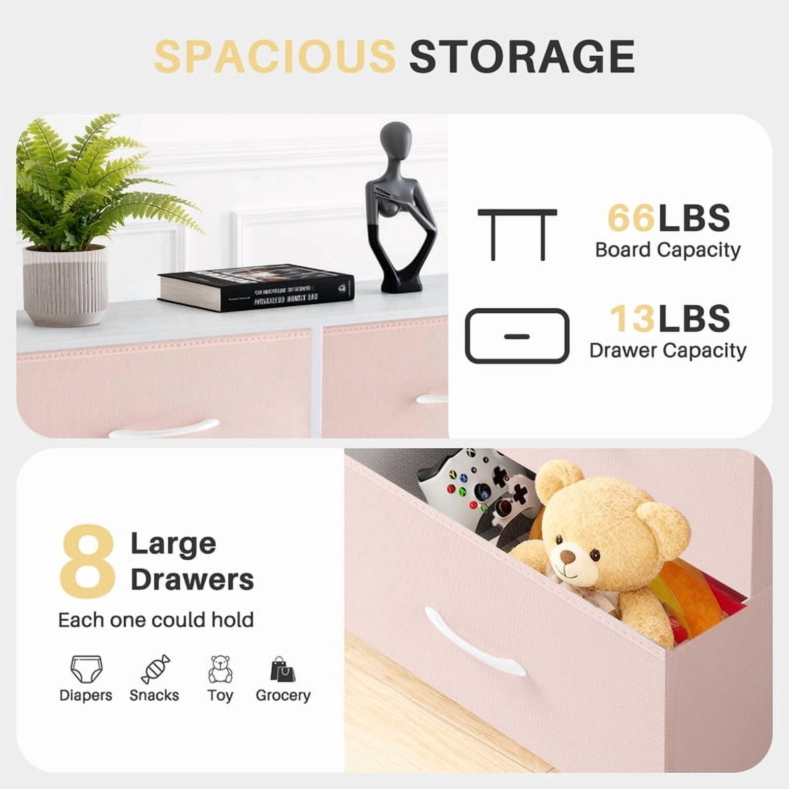 Bigleap 8-Drawer Dresser, Fabric Storage Tower for Bedroom, Hallway, Entryway, Tall Chest Organizer Unit with Fabric Bins,Pink