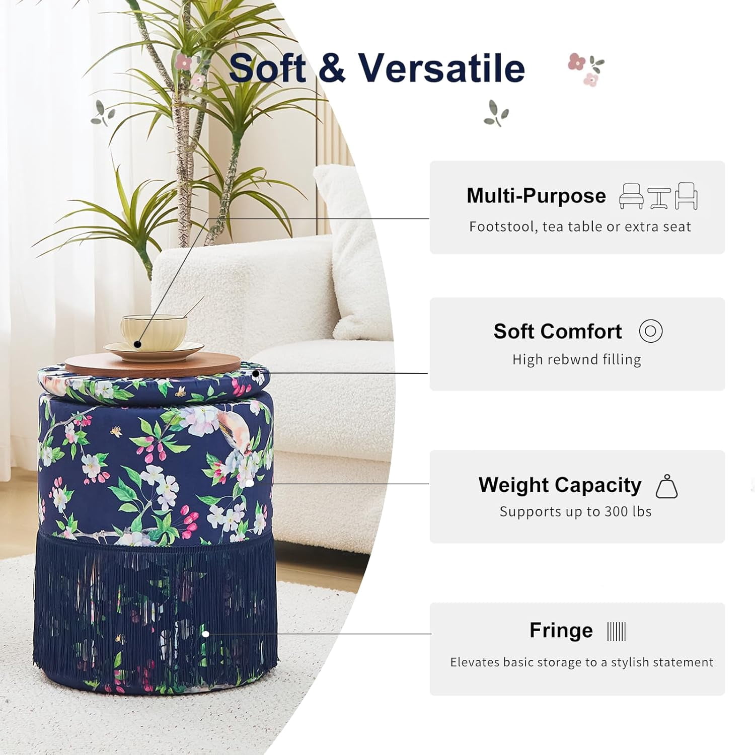 Casa Pura Furniture Storage Ottoman Round Velvet with Fringe Blue Hidden Storage 17.72 in H