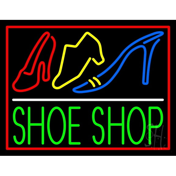 Green Shoe Shop With Border LED Neon Sign 15 x 19 - inches, Black Square Cut Acrylic Backing, with Dimmer - Bright and Premium built indoor LED Neon Sign for store interior Décor, Storefront.